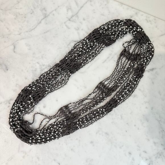 Y2K-inspired Crocheted Skinny Scarf with Beaded Embellishment – Gray & Silver - Picture 2 of 5